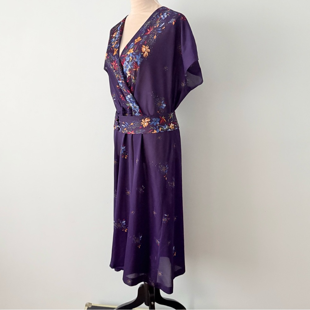 Vintage 1970s It’s A Lehigh Sheer Floral Wrap Midi Dress Purple Boho - Picture 7 of 15